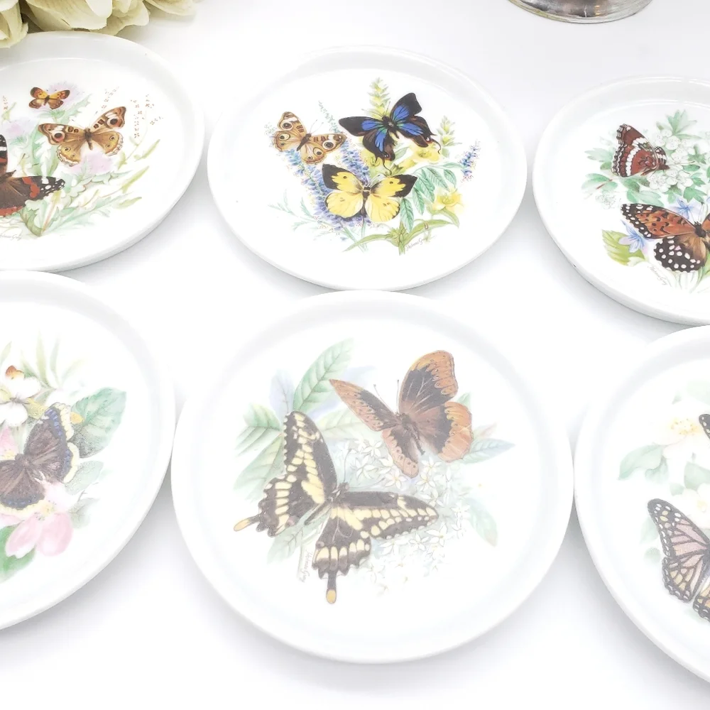 Vintage Homles Gray Ceramic Butterfly Coasters Signed Set of 6